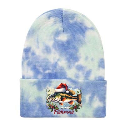 Christmas Bass Fish In Santa Hat Wishing A Merry Fishmas Gift Tie Dye 12in Knit Beanie