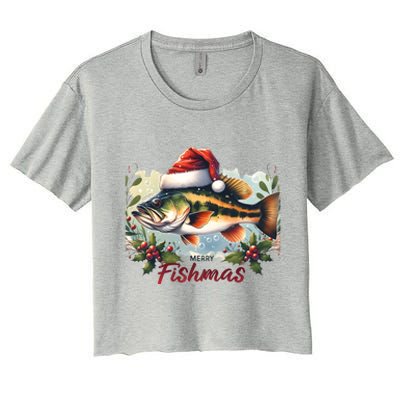 Christmas Bass Fish In Santa Hat Wishing A Merry Fishmas Gift Women's Crop Top Tee