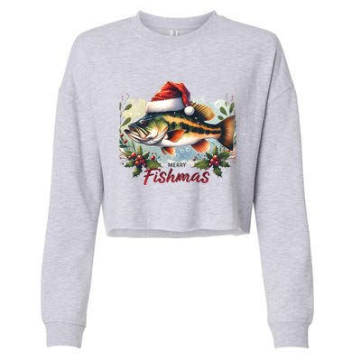 Christmas Bass Fish In Santa Hat Wishing A Merry Fishmas Gift Cropped Pullover Crew