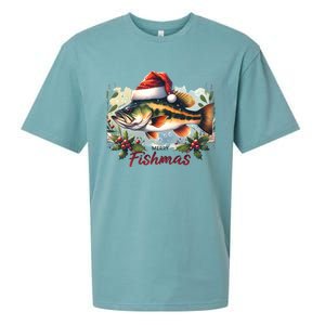 Christmas Bass Fish In Santa Hat Wishing A Merry Fishmas Gift Sueded Cloud Jersey T-Shirt