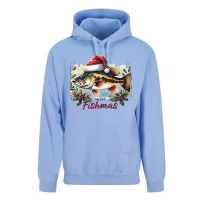 Christmas Bass Fish In Santa Hat Wishing A Merry Fishmas Gift Unisex Surf Hoodie