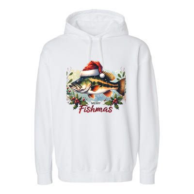 Christmas Bass Fish In Santa Hat Wishing A Merry Fishmas Gift Garment-Dyed Fleece Hoodie