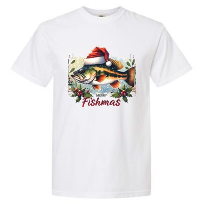 Christmas Bass Fish In Santa Hat Wishing A Merry Fishmas Gift Garment-Dyed Heavyweight T-Shirt