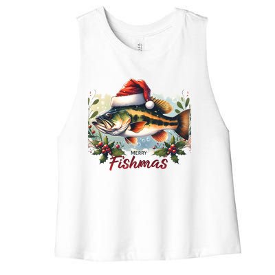 Christmas Bass Fish In Santa Hat Wishing A Merry Fishmas Gift Women's Racerback Cropped Tank