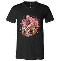 Coquette Bow Football Disco Football Bow Coquette V-Neck T-Shirt