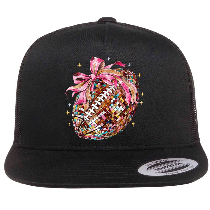 Coquette Bow Football Disco Football Bow Coquette Flat Bill Trucker Hat