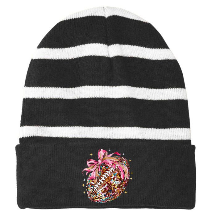 Coquette Bow Football Disco Football Bow Coquette Striped Beanie with Solid Band