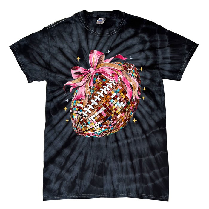 Coquette Bow Football Disco Football Bow Coquette Tie-Dye T-Shirt