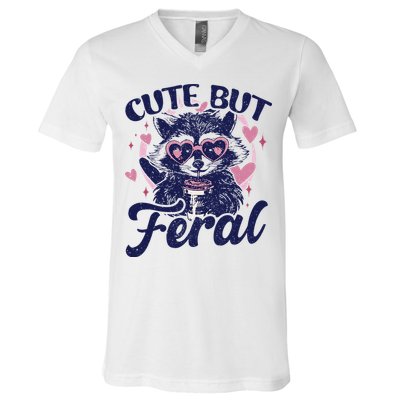 Cute But Feral Raccoon Funny Raccoon Gift V-Neck T-Shirt