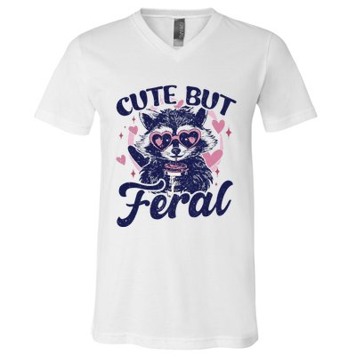 Cute But Feral Raccoon Funny Raccoon Gift V-Neck T-Shirt