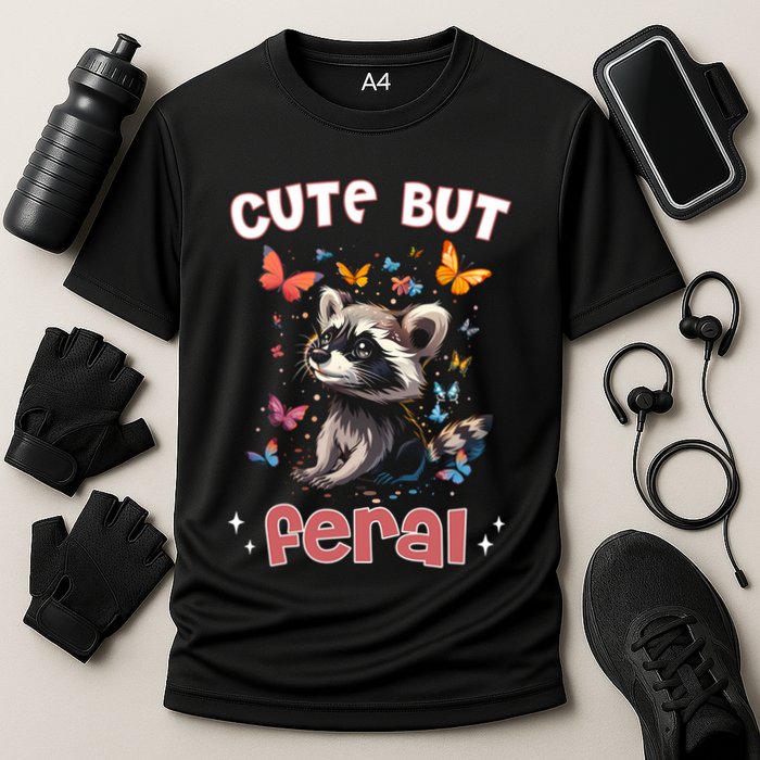 Cute But Feral Funny Raccoon Blue Butterfly Summer Gift Cooling Performance Crew T-Shirt