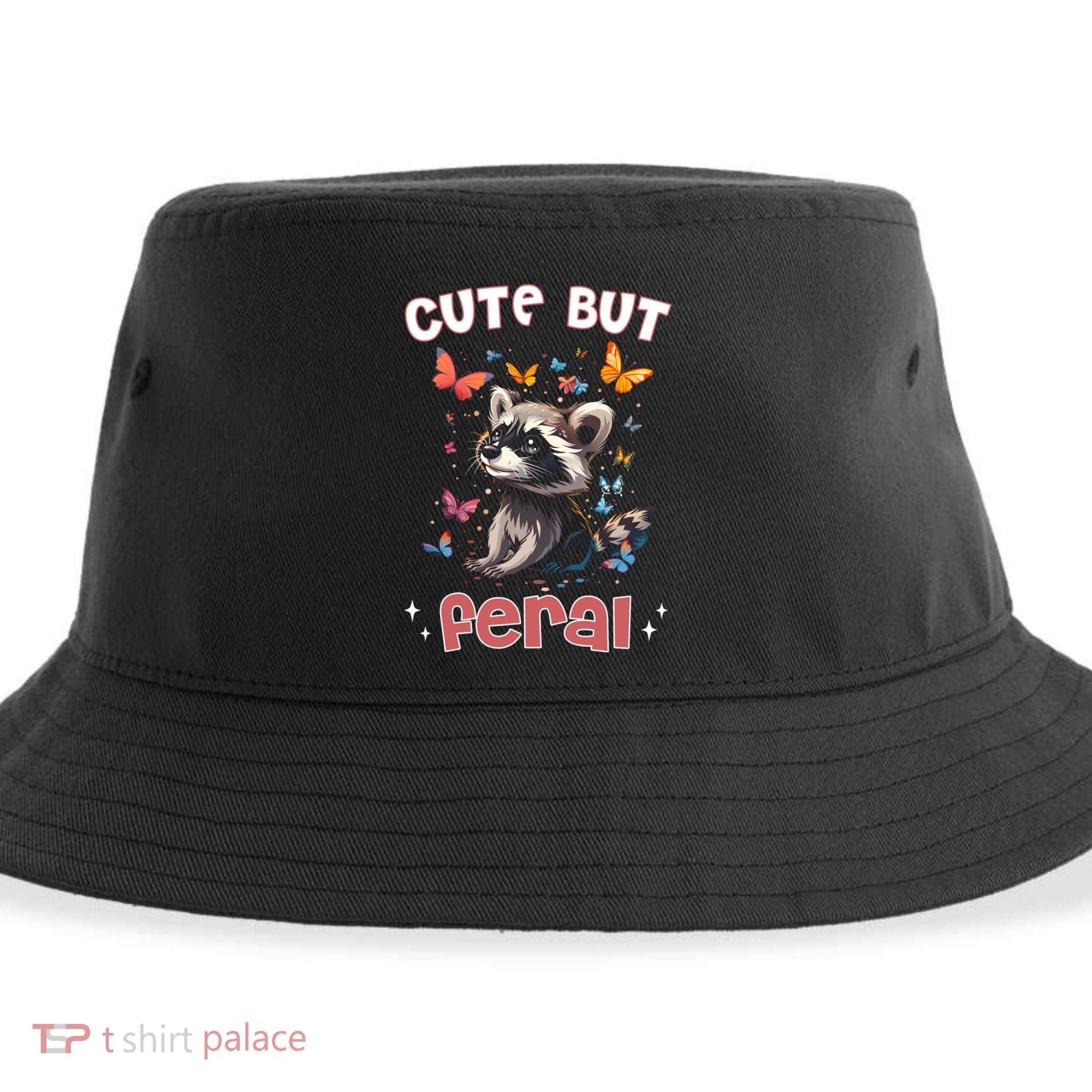 Cute But Feral Funny Raccoon Blue Butterfly Summer Gift Sustainable Bucket Hat