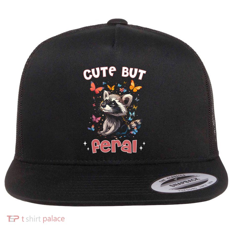 Cute But Feral Funny Raccoon Blue Butterfly Summer Gift Flatbill Hat