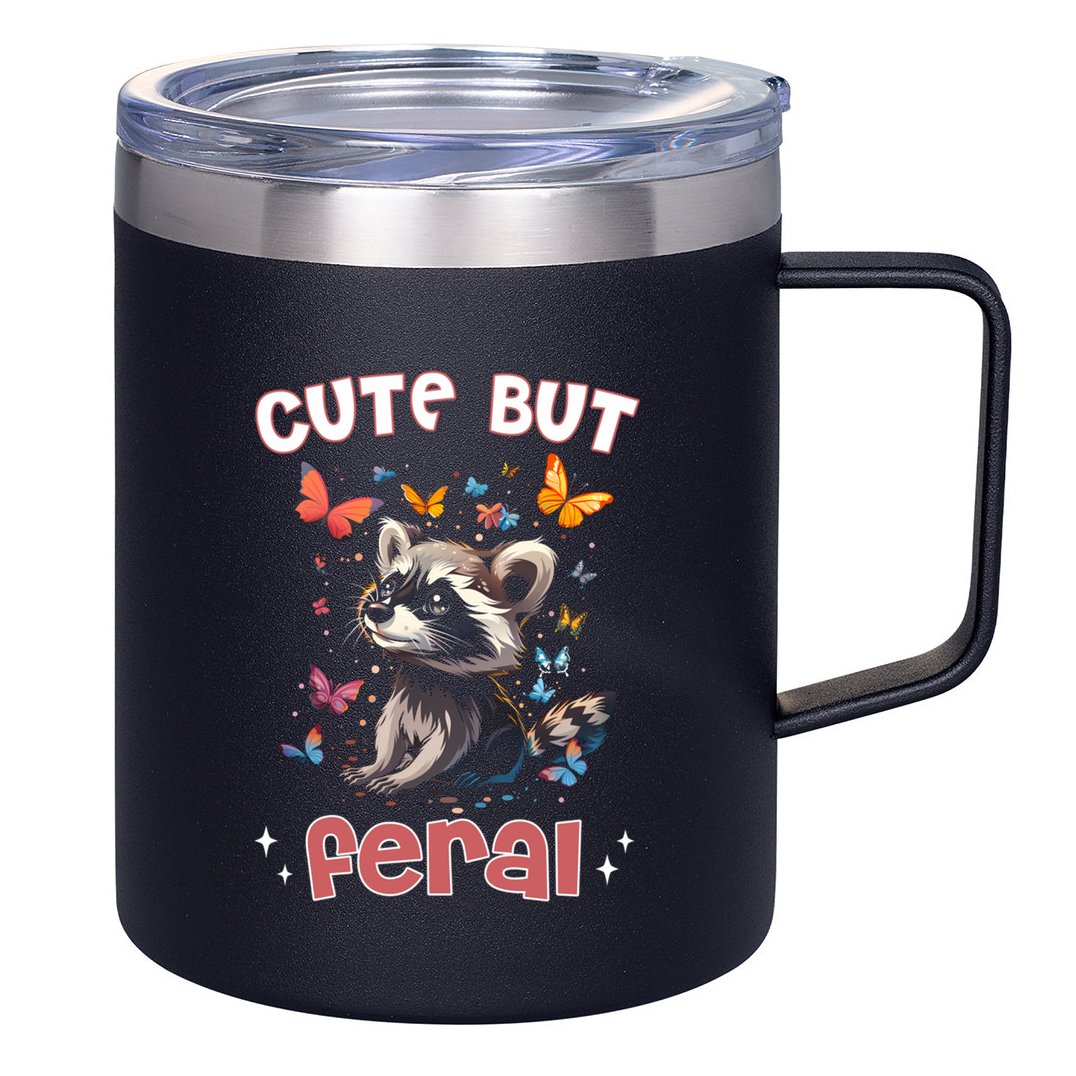 Cute But Feral Funny Raccoon Blue Butterfly Summer Gift 12oz Stainless Steel Coffee Mug