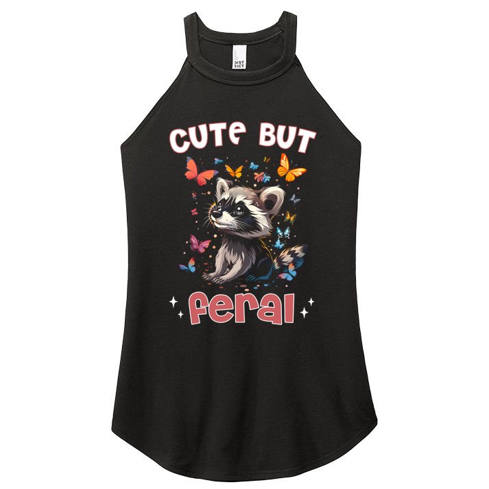 Cute But Feral Funny Raccoon Blue Butterfly Summer Gift Women's Perfect Tri Rocker Tank