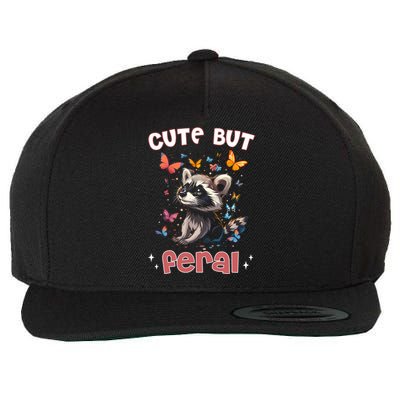 Cute But Feral Funny Raccoon Blue Butterfly Summer Gift Wool Snapback Cap