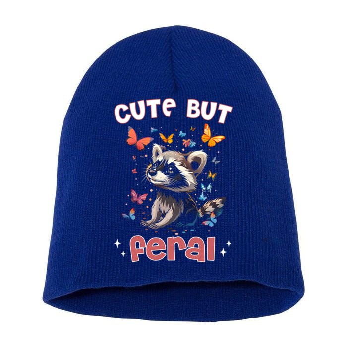 Cute But Feral Funny Raccoon Blue Butterfly Summer Gift Short Acrylic Beanie