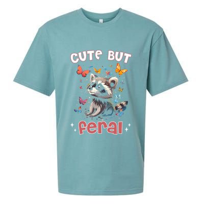 Cute But Feral Funny Raccoon Blue Butterfly Summer Gift Sueded Cloud Jersey T-Shirt