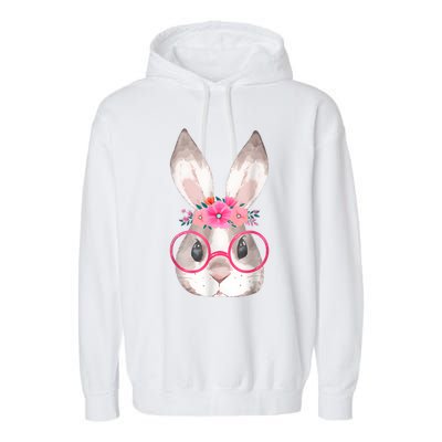 Cute Bunny Face Glasses Floral Rabbit Girl Happy Easter Day Garment-Dyed Fleece Hoodie