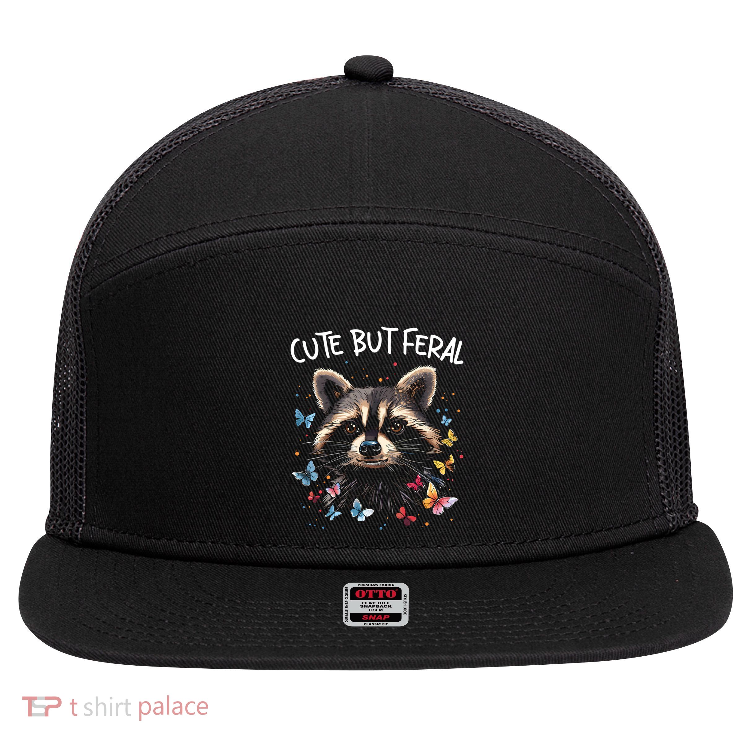Cute But Feral Funny Raccoon Blue Butterfly Summer Gift 7 Panel Mesh Trucker Snapback Hat