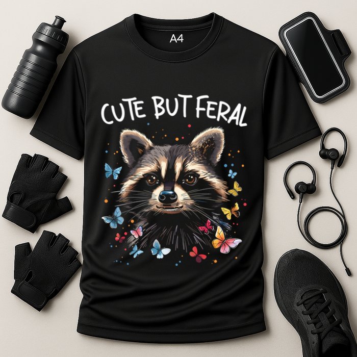 Cute But Feral Funny Raccoon Blue Butterfly Summer Gift Cooling Performance Crew T-Shirt