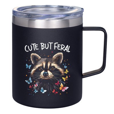 Cute But Feral Funny Raccoon Blue Butterfly Summer Gift 12oz Stainless Steel Coffee Mug