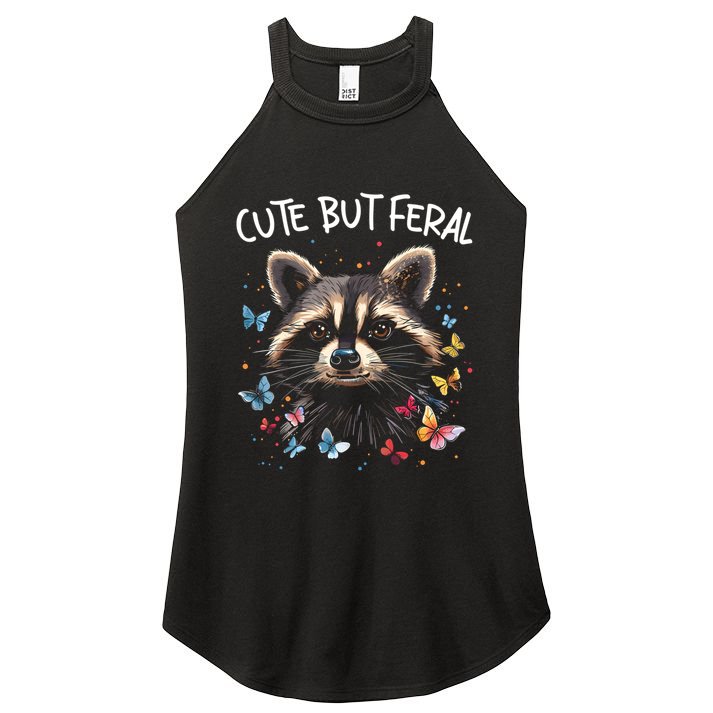 Cute But Feral Funny Raccoon Blue Butterfly Summer Gift Women's Perfect Tri Rocker Tank