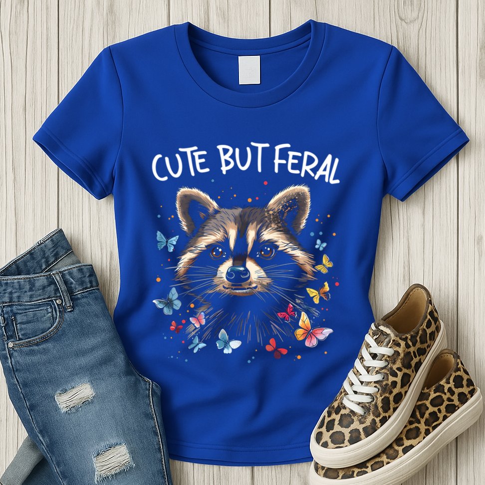 Cute But Feral Funny Raccoon Blue Butterfly Summer Gift Womens T-Shirt