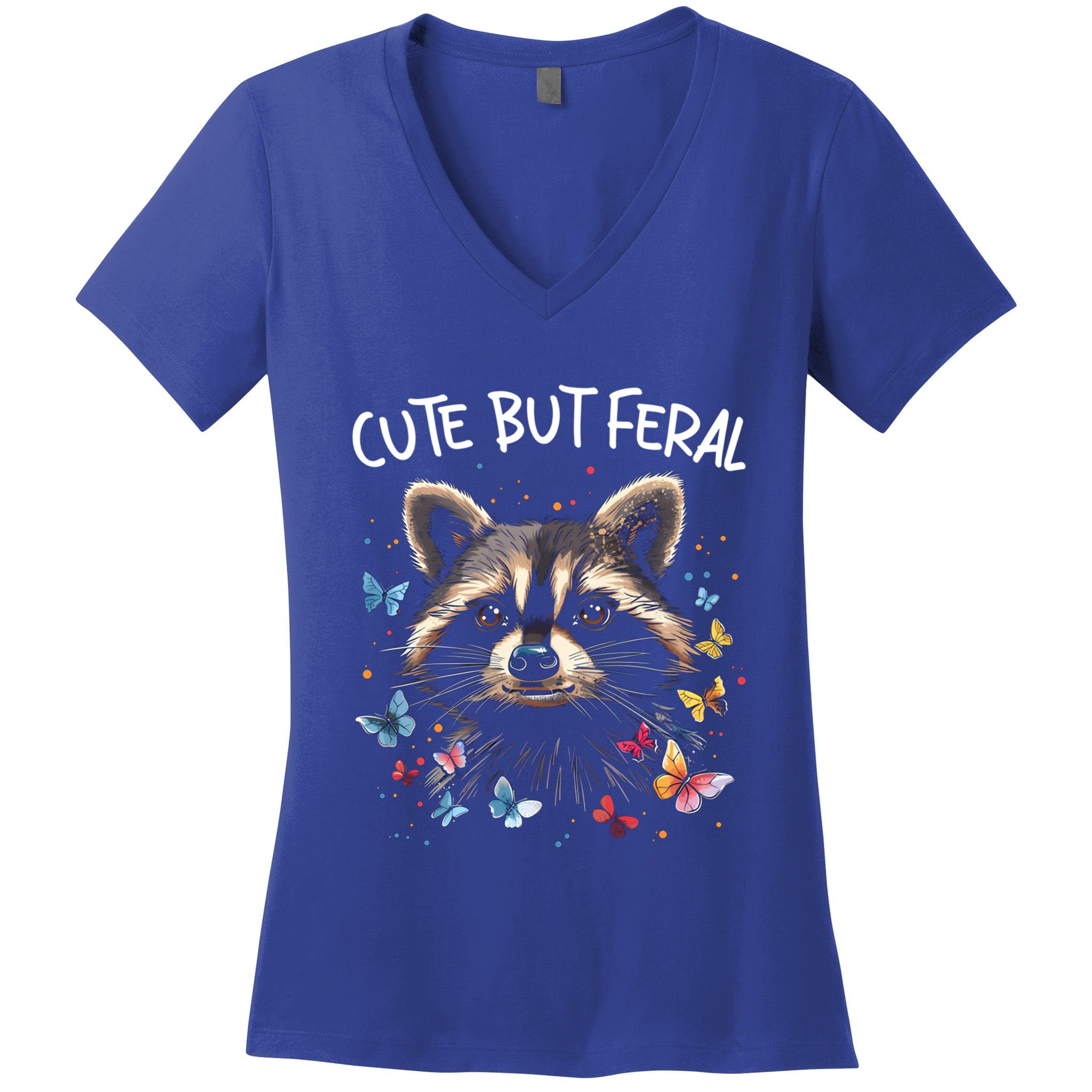 Cute But Feral Funny Raccoon Blue Butterfly Summer Gift Women's V-Neck T-Shirt
