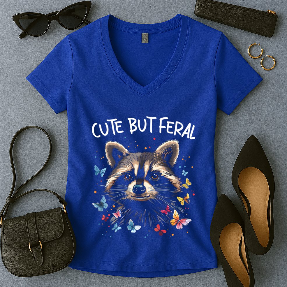 Cute But Feral Funny Raccoon Blue Butterfly Summer Gift Women's V-Neck T-Shirt