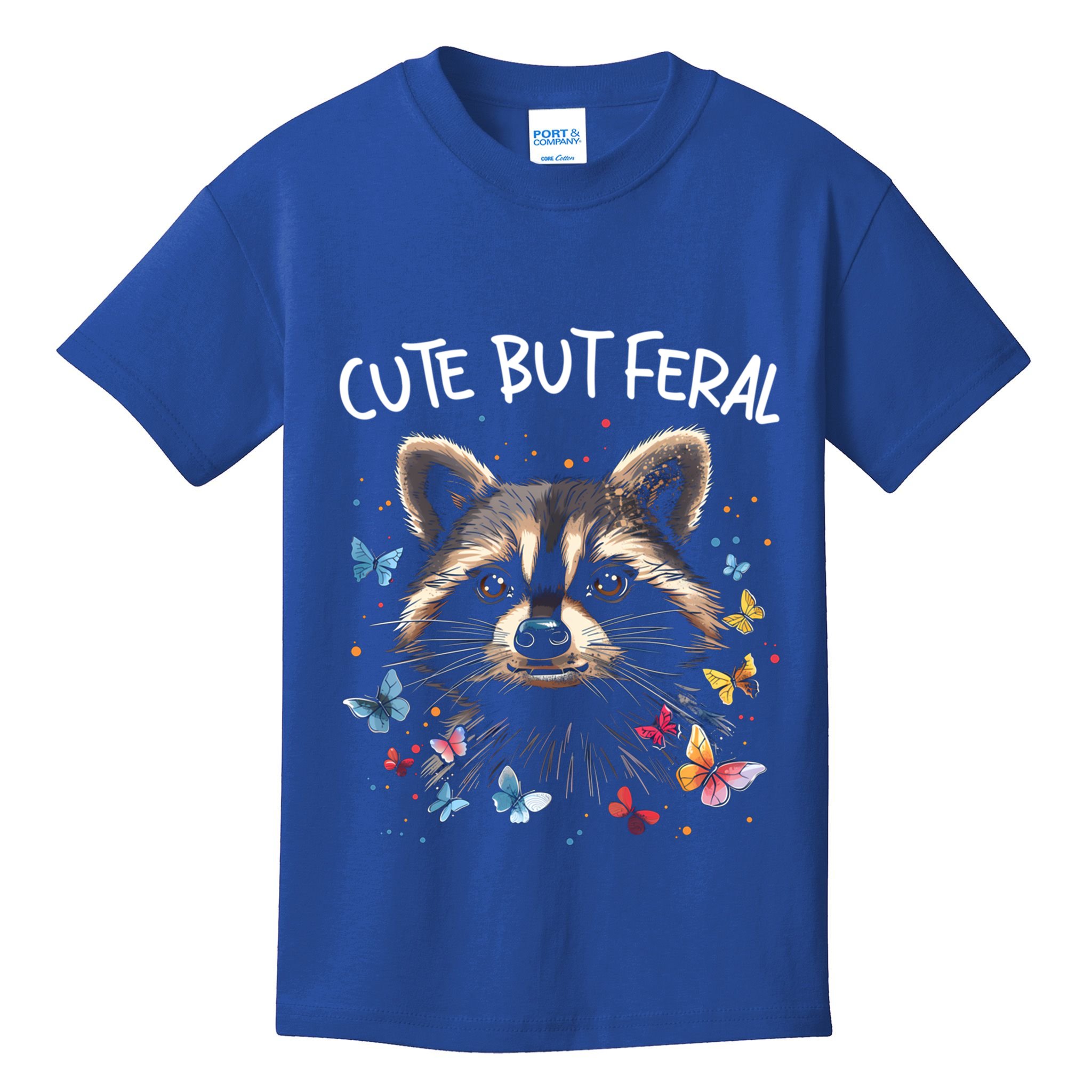 Cute But Feral Funny Raccoon Blue Butterfly Summer Gift Kids T-Shirt