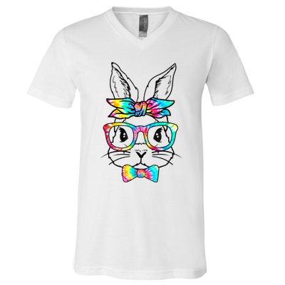 Cute Bunny Face Tie Dye Glasses Headband Happy Easter Day V-Neck T-Shirt