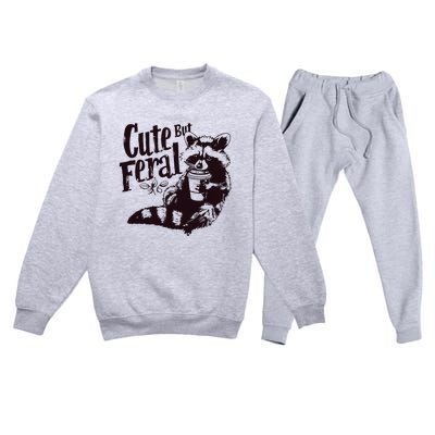 Cute But Feral Meme Funny Raccoon Premium Crewneck Sweatsuit Set