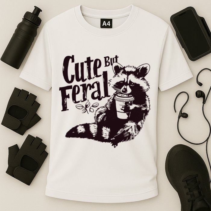 Cute But Feral Meme Funny Raccoon Cooling Performance Crew T-Shirt
