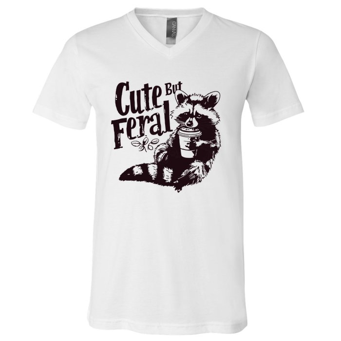 Cute But Feral Meme Funny Raccoon V-Neck T-Shirt