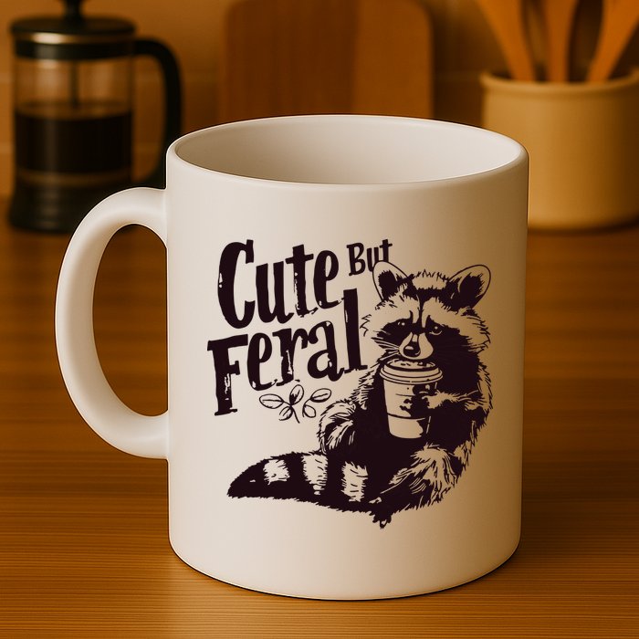Cute But Feral Meme Funny Raccoon Mug