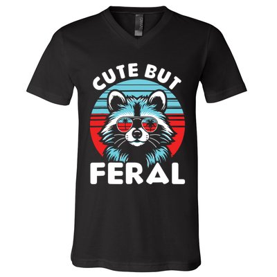 Cute But Feral Racoon With Sunglasses V-Neck T-Shirt