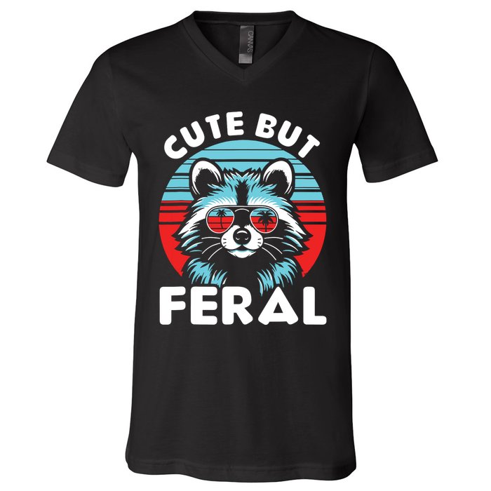 Cute But Feral Racoon With Sunglasses V-Neck T-Shirt