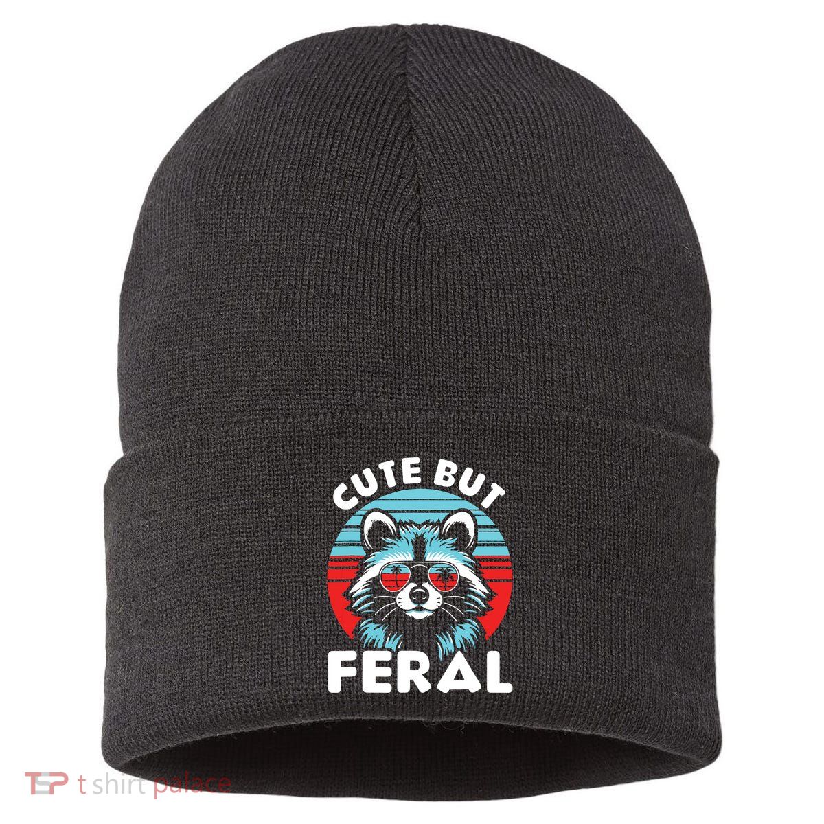 Cute But Feral Racoon With Sunglasses Sustainable Knit Beanie