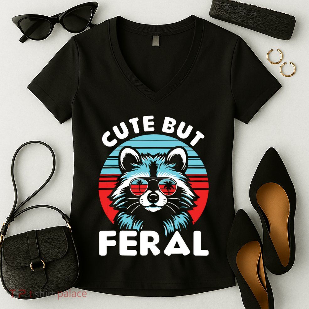 Cute But Feral Racoon With Sunglasses Women's V-Neck T-Shirt