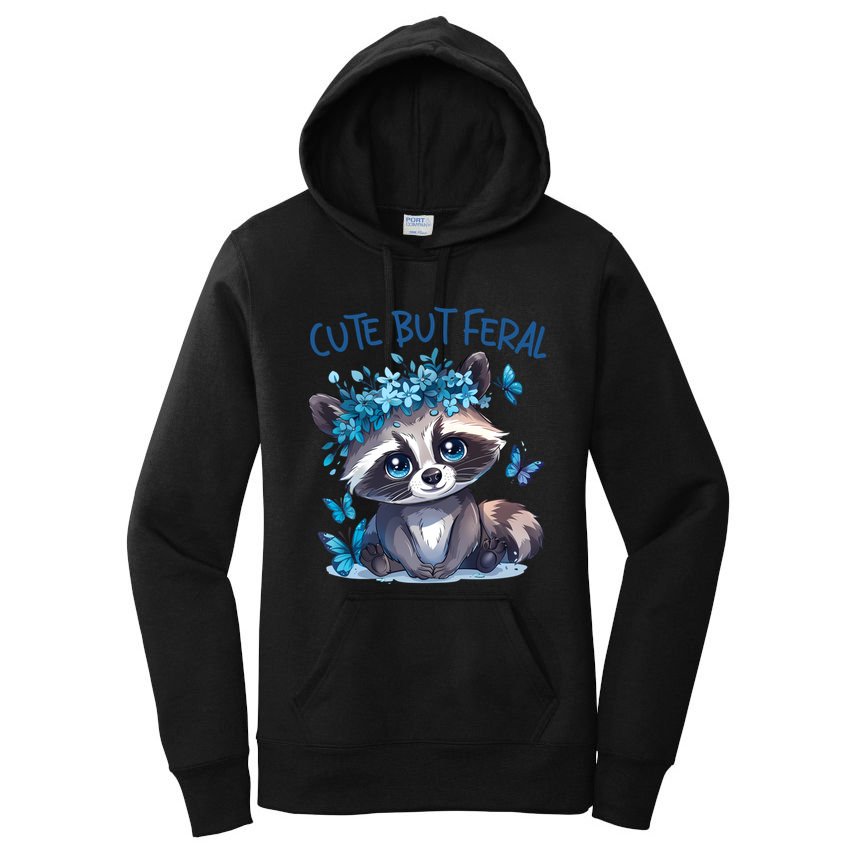 Cute But Feral Funny Raccoon Blue Butterfly Summer Great Gift Women's Pullover Hoodie