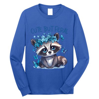 Cute But Feral Funny Raccoon Blue Butterfly Summer Great Gift Long Sleeve Shirt