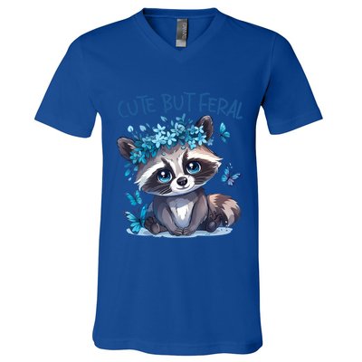 Cute But Feral Funny Raccoon Blue Butterfly Summer Great Gift V-Neck T-Shirt