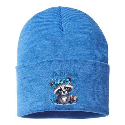 Cute But Feral Funny Raccoon Blue Butterfly Summer Great Gift Sustainable Knit Beanie