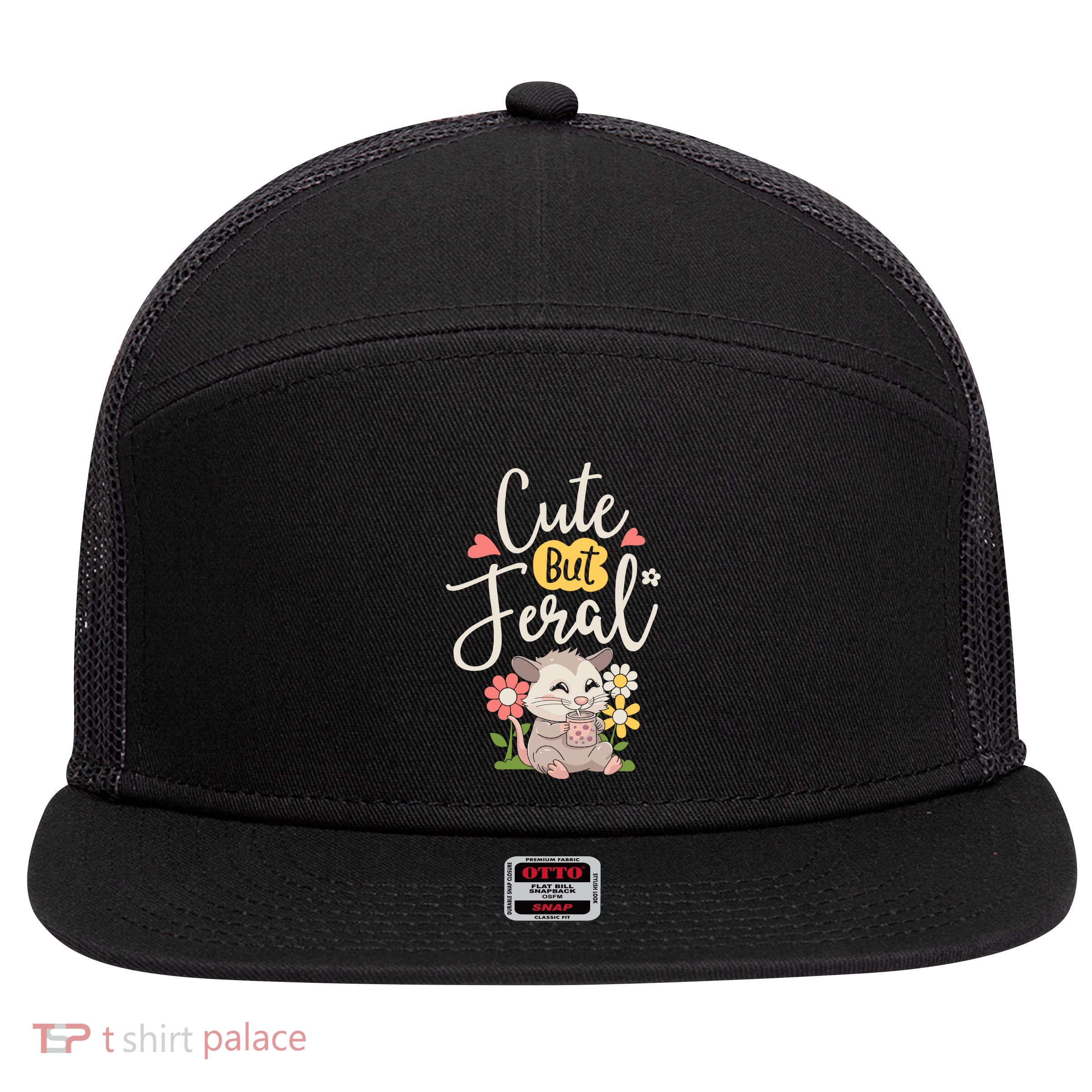 Cute But Feral Opossum Funny Possum Lovers Rodent 7 Panel Mesh Trucker Snapback Hat