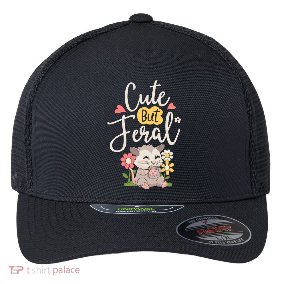 Cute But Feral Opossum Funny Possum Lovers Rodent Flexfit Unipanel Trucker Cap