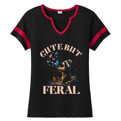 Cute But Feral Funny Raccoon Catching Butterfly Summer Gift Ladies Halftime Notch Neck Tee