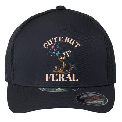 Cute But Feral Funny Raccoon Catching Butterfly Summer Gift Flexfit Unipanel Trucker Cap