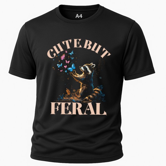 Cute But Feral Funny Raccoon Catching Butterfly Summer Gift Cooling Performance Crew T-Shirt