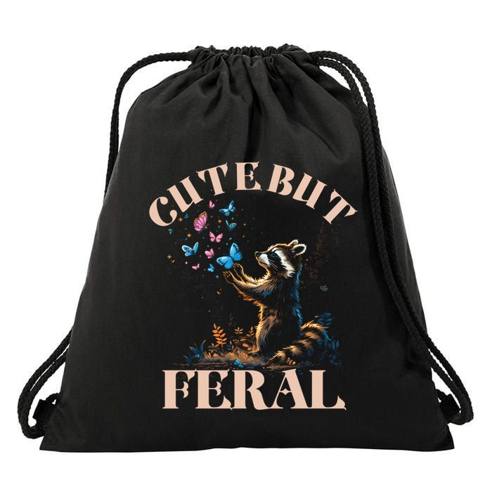 Cute But Feral Funny Raccoon Catching Butterfly Summer Gift Drawstring Bag